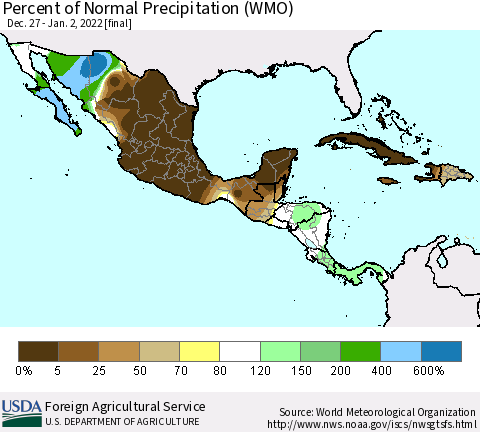 Mexico Central America and the Caribbean Percent of Normal Precipitation (WMO) Thematic Map For 12/27/2021 - 1/2/2022