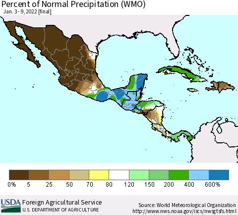 Mexico Central America and the Caribbean Percent of Normal Precipitation (WMO) Thematic Map For 1/3/2022 - 1/9/2022
