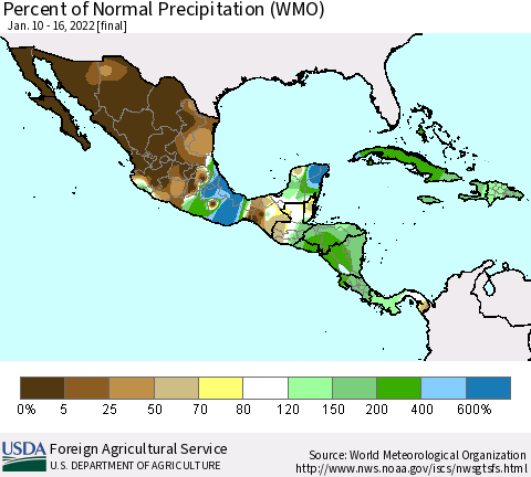 Mexico Central America and the Caribbean Percent of Normal Precipitation (WMO) Thematic Map For 1/10/2022 - 1/16/2022