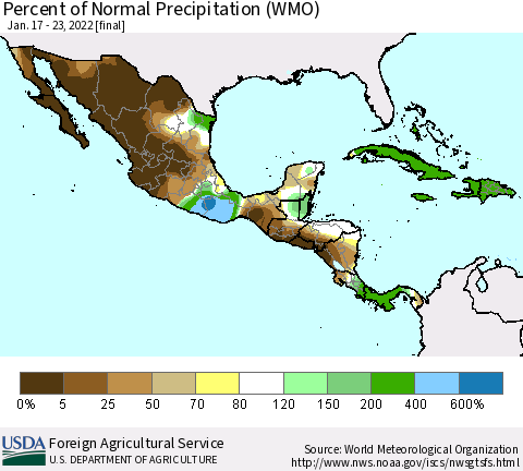 Mexico Central America and the Caribbean Percent of Normal Precipitation (WMO) Thematic Map For 1/17/2022 - 1/23/2022
