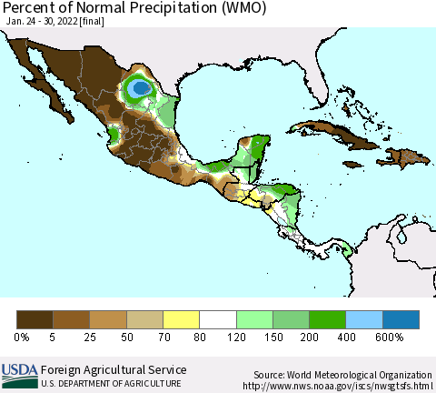 Mexico Central America and the Caribbean Percent of Normal Precipitation (WMO) Thematic Map For 1/24/2022 - 1/30/2022