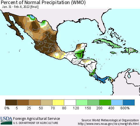 Mexico Central America and the Caribbean Percent of Normal Precipitation (WMO) Thematic Map For 1/31/2022 - 2/6/2022