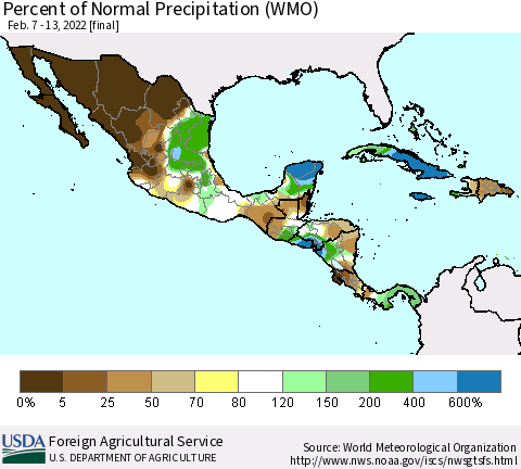 Mexico Central America and the Caribbean Percent of Normal Precipitation (WMO) Thematic Map For 2/7/2022 - 2/13/2022