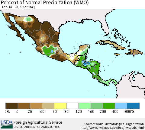 Mexico Central America and the Caribbean Percent of Normal Precipitation (WMO) Thematic Map For 2/14/2022 - 2/20/2022