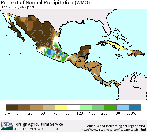 Mexico Central America and the Caribbean Percent of Normal Precipitation (WMO) Thematic Map For 2/21/2022 - 2/27/2022
