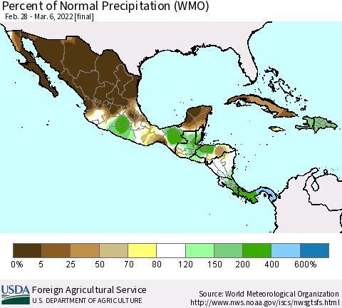 Mexico Central America and the Caribbean Percent of Normal Precipitation (WMO) Thematic Map For 2/28/2022 - 3/6/2022