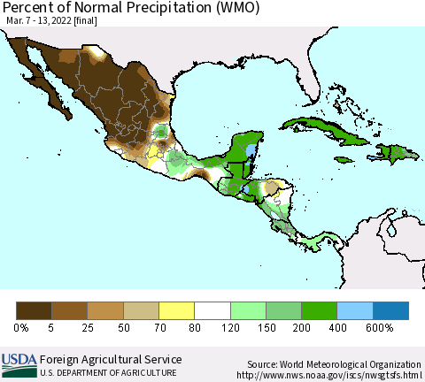 Mexico Central America and the Caribbean Percent of Normal Precipitation (WMO) Thematic Map For 3/7/2022 - 3/13/2022