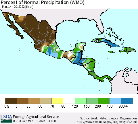 Mexico Central America and the Caribbean Percent of Normal Precipitation (WMO) Thematic Map For 3/14/2022 - 3/20/2022