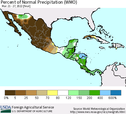 Mexico Central America and the Caribbean Percent of Normal Precipitation (WMO) Thematic Map For 3/21/2022 - 3/27/2022