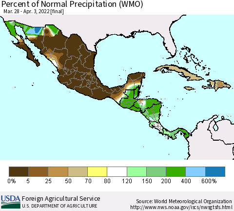 Mexico Central America and the Caribbean Percent of Normal Precipitation (WMO) Thematic Map For 3/28/2022 - 4/3/2022