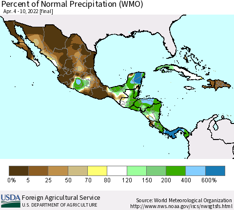 Mexico Central America and the Caribbean Percent of Normal Precipitation (WMO) Thematic Map For 4/4/2022 - 4/10/2022