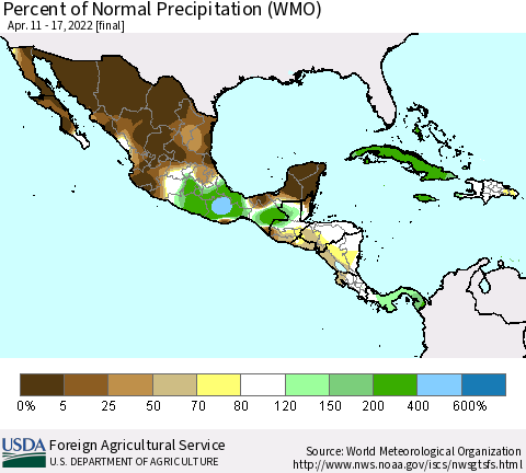 Mexico Central America and the Caribbean Percent of Normal Precipitation (WMO) Thematic Map For 4/11/2022 - 4/17/2022