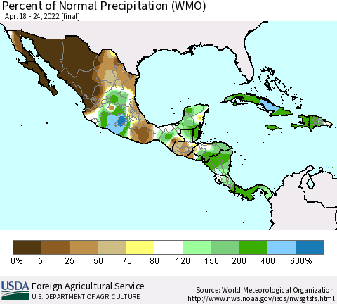 Mexico Central America and the Caribbean Percent of Normal Precipitation (WMO) Thematic Map For 4/18/2022 - 4/24/2022