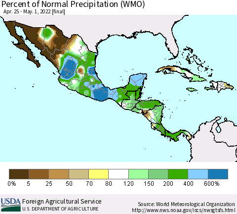 Mexico Central America and the Caribbean Percent of Normal Precipitation (WMO) Thematic Map For 4/25/2022 - 5/1/2022