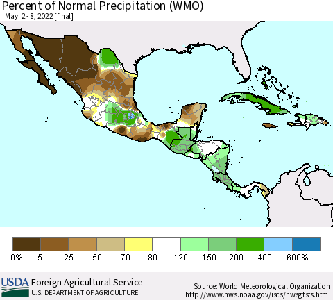 Mexico Central America and the Caribbean Percent of Normal Precipitation (WMO) Thematic Map For 5/2/2022 - 5/8/2022