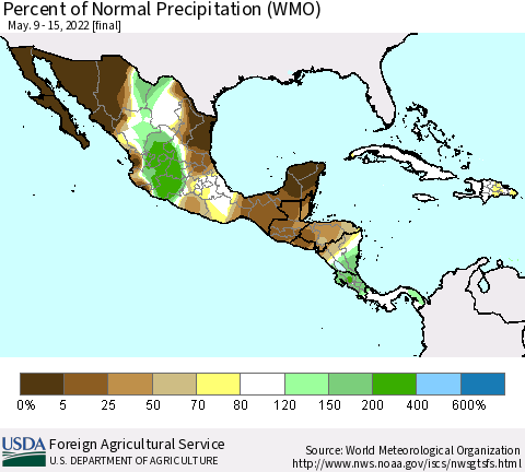 Mexico Central America and the Caribbean Percent of Normal Precipitation (WMO) Thematic Map For 5/9/2022 - 5/15/2022