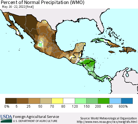 Mexico Central America and the Caribbean Percent of Normal Precipitation (WMO) Thematic Map For 5/16/2022 - 5/22/2022