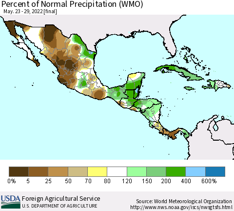 Mexico Central America and the Caribbean Percent of Normal Precipitation (WMO) Thematic Map For 5/23/2022 - 5/29/2022