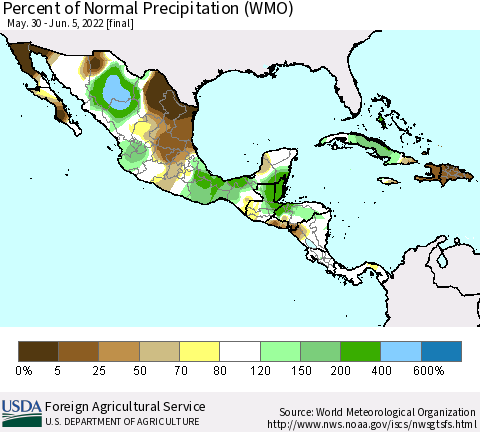 Mexico Central America and the Caribbean Percent of Normal Precipitation (WMO) Thematic Map For 5/30/2022 - 6/5/2022