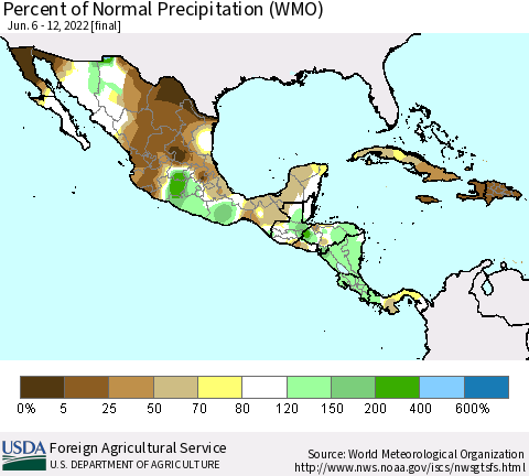 Mexico Central America and the Caribbean Percent of Normal Precipitation (WMO) Thematic Map For 6/6/2022 - 6/12/2022