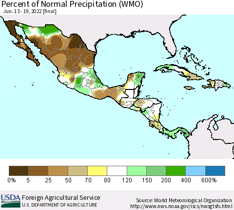 Mexico Central America and the Caribbean Percent of Normal Precipitation (WMO) Thematic Map For 6/13/2022 - 6/19/2022