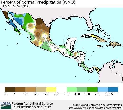 Mexico Central America and the Caribbean Percent of Normal Precipitation (WMO) Thematic Map For 6/20/2022 - 6/26/2022