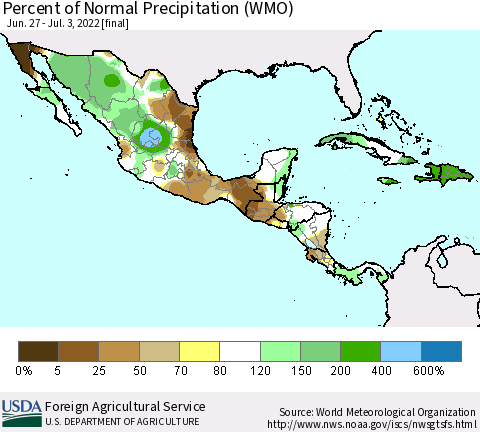 Mexico Central America and the Caribbean Percent of Normal Precipitation (WMO) Thematic Map For 6/27/2022 - 7/3/2022