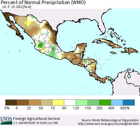 Mexico Central America and the Caribbean Percent of Normal Precipitation (WMO) Thematic Map For 7/4/2022 - 7/10/2022