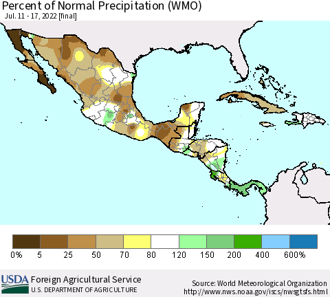 Mexico Central America and the Caribbean Percent of Normal Precipitation (WMO) Thematic Map For 7/11/2022 - 7/17/2022
