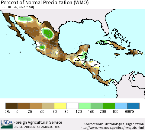 Mexico Central America and the Caribbean Percent of Normal Precipitation (WMO) Thematic Map For 7/18/2022 - 7/24/2022