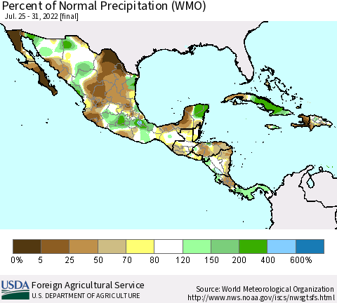 Mexico Central America and the Caribbean Percent of Normal Precipitation (WMO) Thematic Map For 7/25/2022 - 7/31/2022