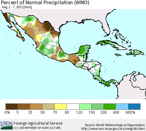 Mexico Central America and the Caribbean Percent of Normal Precipitation (WMO) Thematic Map For 8/1/2022 - 8/7/2022