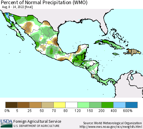 Mexico Central America and the Caribbean Percent of Normal Precipitation (WMO) Thematic Map For 8/8/2022 - 8/14/2022