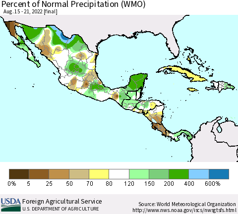 Mexico Central America and the Caribbean Percent of Normal Precipitation (WMO) Thematic Map For 8/15/2022 - 8/21/2022