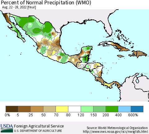 Mexico Central America and the Caribbean Percent of Normal Precipitation (WMO) Thematic Map For 8/22/2022 - 8/28/2022
