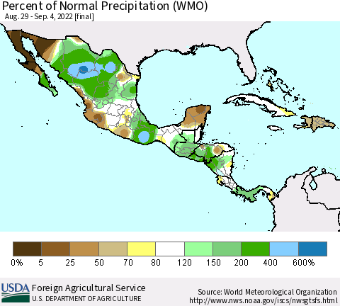 Mexico Central America and the Caribbean Percent of Normal Precipitation (WMO) Thematic Map For 8/29/2022 - 9/4/2022