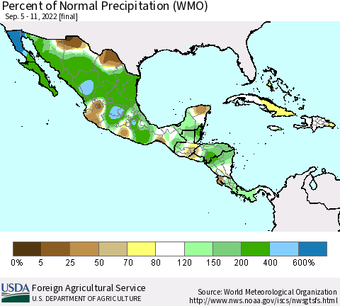 Mexico Central America and the Caribbean Percent of Normal Precipitation (WMO) Thematic Map For 9/5/2022 - 9/11/2022