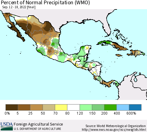 Mexico Central America and the Caribbean Percent of Normal Precipitation (WMO) Thematic Map For 9/12/2022 - 9/18/2022
