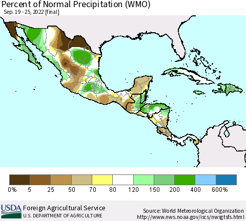 Mexico Central America and the Caribbean Percent of Normal Precipitation (WMO) Thematic Map For 9/19/2022 - 9/25/2022