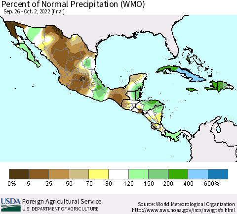 Mexico Central America and the Caribbean Percent of Normal Precipitation (WMO) Thematic Map For 9/26/2022 - 10/2/2022