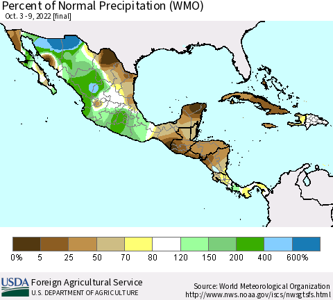 Mexico Central America and the Caribbean Percent of Normal Precipitation (WMO) Thematic Map For 10/3/2022 - 10/9/2022