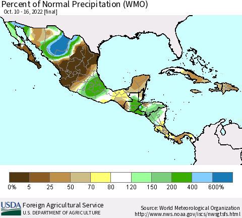 Mexico Central America and the Caribbean Percent of Normal Precipitation (WMO) Thematic Map For 10/10/2022 - 10/16/2022