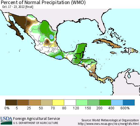 Mexico Central America and the Caribbean Percent of Normal Precipitation (WMO) Thematic Map For 10/17/2022 - 10/23/2022