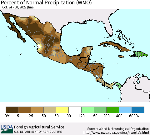 Mexico Central America and the Caribbean Percent of Normal Precipitation (WMO) Thematic Map For 10/24/2022 - 10/30/2022