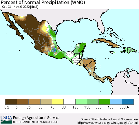 Mexico Central America and the Caribbean Percent of Normal Precipitation (WMO) Thematic Map For 10/31/2022 - 11/6/2022