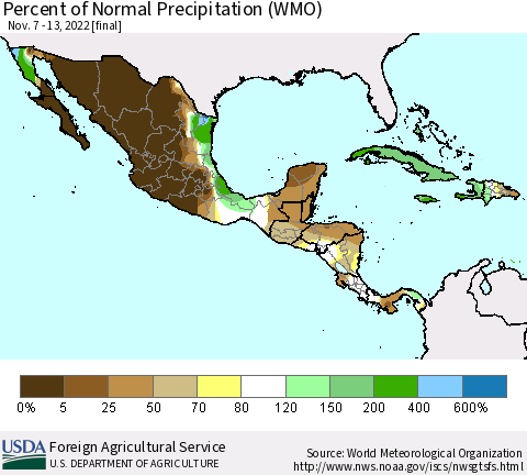Mexico Central America and the Caribbean Percent of Normal Precipitation (WMO) Thematic Map For 11/7/2022 - 11/13/2022