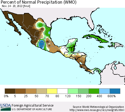 Mexico Central America and the Caribbean Percent of Normal Precipitation (WMO) Thematic Map For 11/14/2022 - 11/20/2022