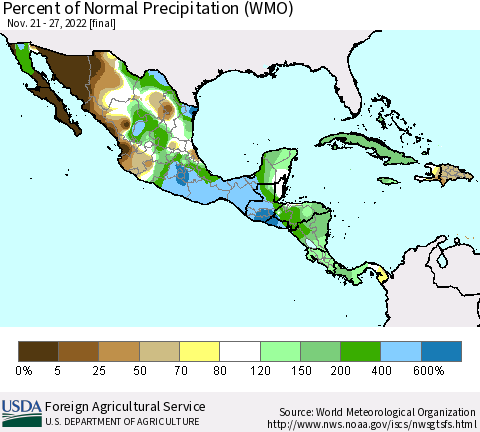 Mexico Central America and the Caribbean Percent of Normal Precipitation (WMO) Thematic Map For 11/21/2022 - 11/27/2022