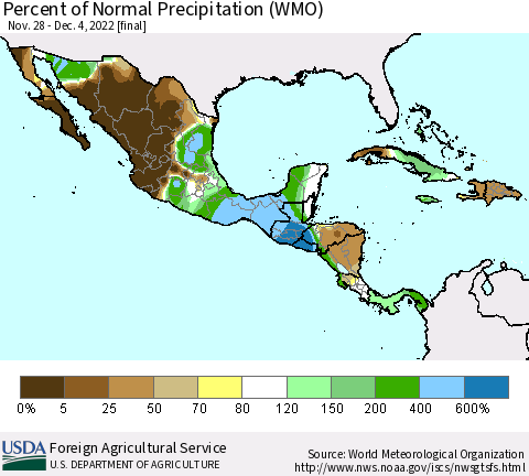 Mexico Central America and the Caribbean Percent of Normal Precipitation (WMO) Thematic Map For 11/28/2022 - 12/4/2022