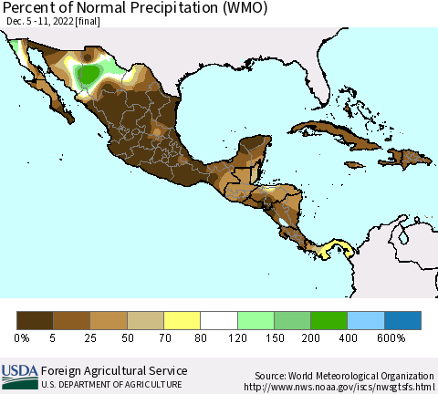 Mexico Central America and the Caribbean Percent of Normal Precipitation (WMO) Thematic Map For 12/5/2022 - 12/11/2022
